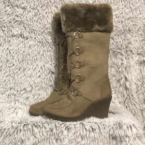 Fur trimmed wedge boots. Sized 7/8. Brand New